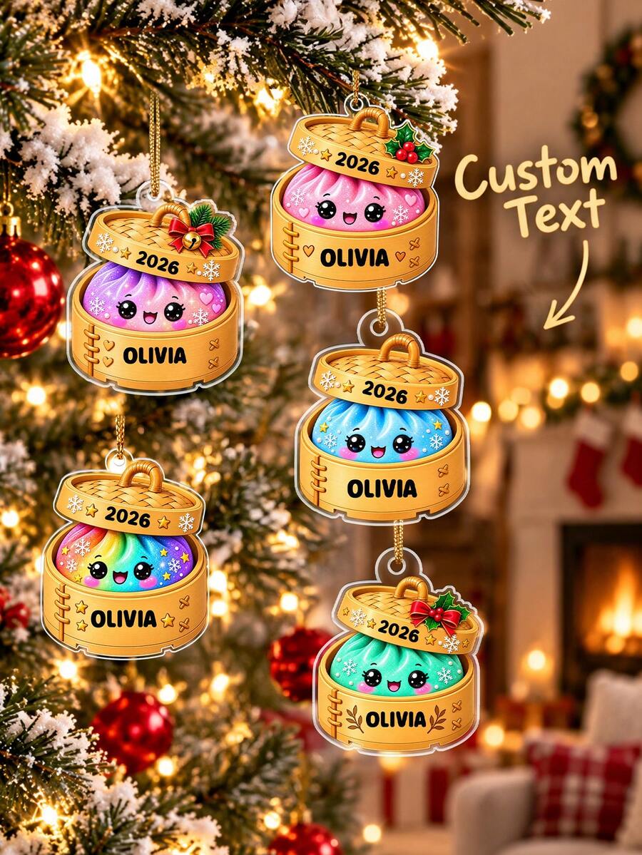 1pc Custom Personalized Name And Year Dumpling Christmas Ornament, Custom Name Steamer Basket Tree Ornament, Cheerful Basket Character Hanging Keepsake, Bright Holiday Decoration For Family Friends And Couples, Christmas Gift, For Holiday Gifting - Multicolor - View 1