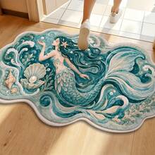1pc Irregular Mermaid Waves Shell Seaweed Swirl Dreamy Ocean Design Microfiber Bath Rug,Non‑Slip Soft Bathroom Mat,Water‑Absorbent Doormat,Machine Washable,Low Pile,Knit Fabric,For Bedroom,Kitchen,Entryway,Indoor Use,Home Decor,Perfect New House Gift - A - View 7