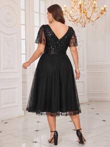 Plus Size Elegant V-Neck Sequin Mesh A-Line Black Party Dress, Suitable For Wedding Guest, Graduation Ceremony, Gala Dinner And Other Occasions Spring - Black - View 2