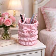 Pink Bow Pleated 3D Printed Storage Cylinder, Creative Sweet Design, Pen Holder & Makeup Brush 2-In-1, High-Value Desktop Organizer For Study And Vanity - Pink - View 1