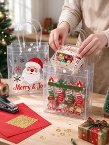 1 Set Transparent Christmas Gift Bags - Plastic Gift Bags With Handles And Ribbons, Suitable For Christmas Party Gifts - Multicolor - View 8
