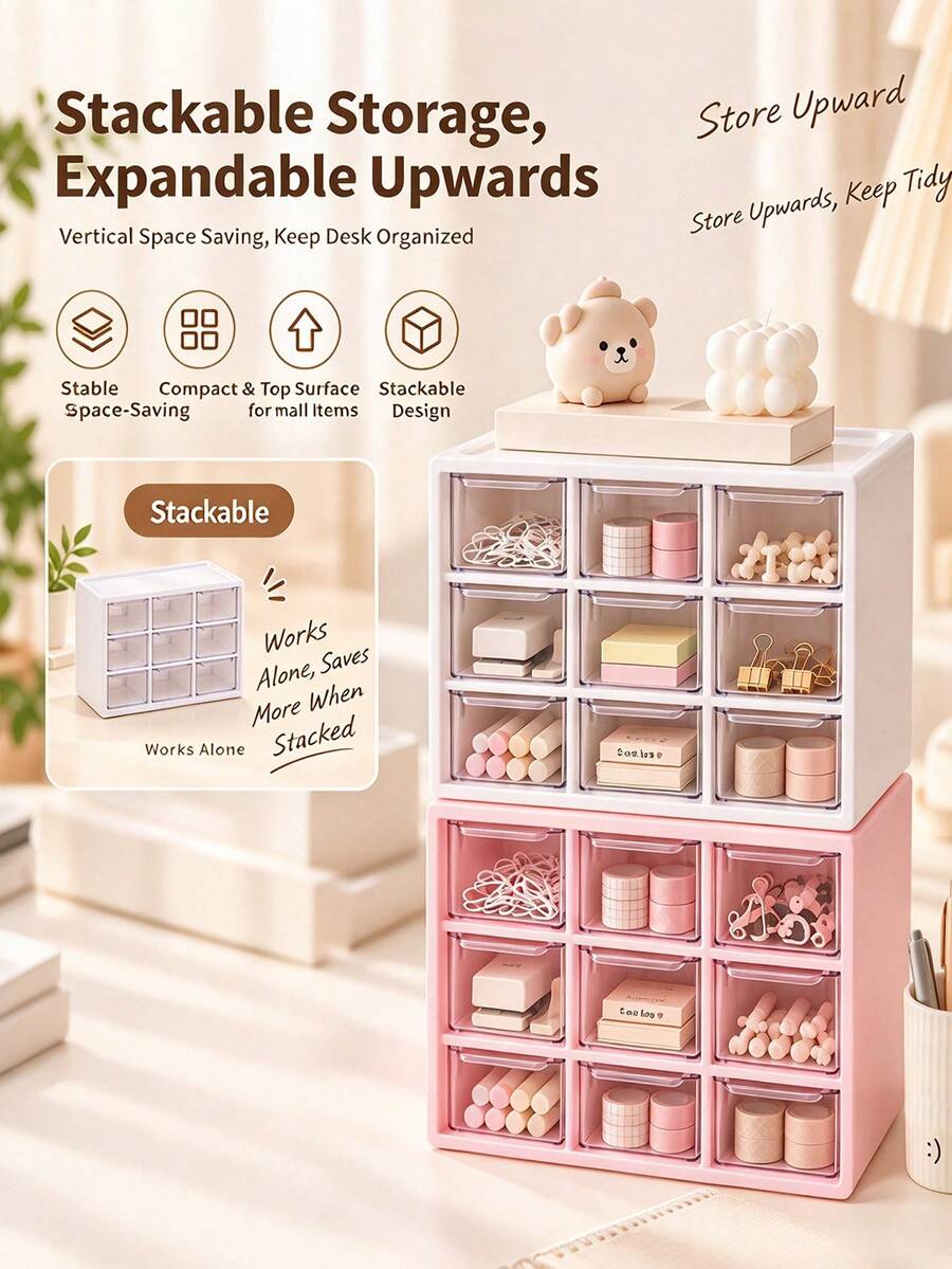 1pc 9-Grid Plastic Desktop Drawer Storage Box, Hair Accessories Organizer, Suitable For Girls Room Decor, Baby Girl Supplies,Drawer-Style Desktop Storage Box, 9-Grid Transparent Plastic Cabinet For Stationery, Jewelry And Small Items. - Multicolor - View 1