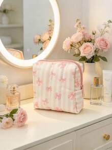 1pc Cute Bow Print Quilted Makeup Bag, Soft Padded Square Cosmetic Pouch, Zipper Small Toiletry Bag, Coquette Style Mini Makeup Organizer For Travel Daily Use, Assorted Patterns Period Kit Bag Christmas Gifts University Essentials Sanitary Pad Bag - Multicolor - View 14