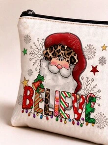 1pc Santa Claus Print Linen Zipper Pouch, Cute Cartoon Hand-Drawn Pattern With Christmas Hat, Sunflower, Snowflake And Gift Box Elements, Portable Flat Handbag, Large Capacity Storage Bag For Cosmetics, Lipstick, Stationery, Data Cable, Keys And Coins, Lightweight And Durable, Zipper Closure To Prevent Items From Falling Out - Multicolor - View 7