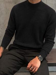 Men's Autumn/Winter Minimalist Ribbed Solid Color Fashion Casual Mock Neck Long Sleeve Sweater - Black - View 2