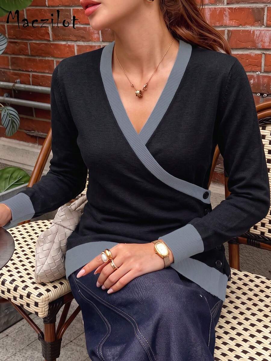 Plus Size Women Fall Winter Wrap V Neck Color Block Button Knit Sweater, Slim Fit Long Sleeve Pullover For Commute Date Daily Outing - Black - View 1