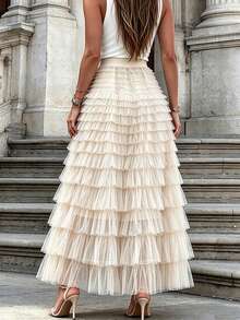 New Arrival French Style Long Skirt For Women, Autumn, European And American Elegant Solid Color High Waist Tulle Puff Skirt Spring - Apricot - View 3
