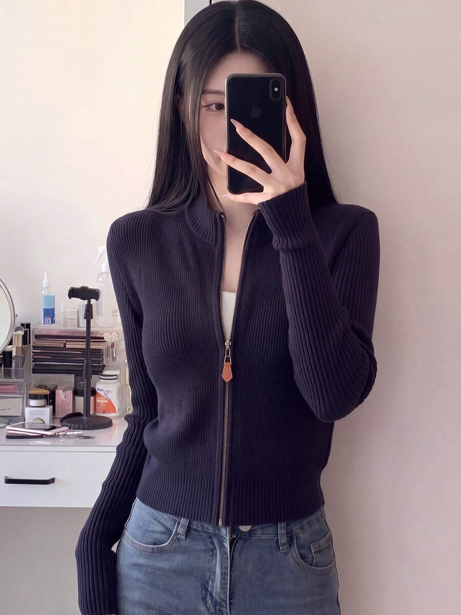 Women's Autumn/Winter Casual Minimalist Slimming Zipper Cardigan Sweater Knit Jacket Fall - Navy Blue - View 1