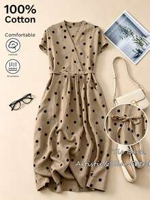 Spring Summer Autumn Elegant Vintage Polka Dot Print Casual Dress With Pockets, Back Tie Waist, A-Line Skirt, Lightweight Breathable Fabric, Minimalist Exquisite Design, Versatile For Daily Wear, Outings, Holidays, Vacation, Commuting, Office, Bohemian Style, Polka Dot Outfit Dress - Khaki - View 4