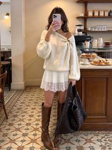 2026 Autumn/Winter New Fashion Elegant Commuter Winter Sweater, Christmas, Warm Sweater, Thanksgiving, Women's Metal Button Sweater, Elegant Asymmetric Shoulder Sweater - Apricot - View 8