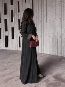 Hafizah Women's Black Striped Alaya-Double Breasted Button Detail Long Robe, Suitable For Conservative Fashion Wear Fall - Black - View 3