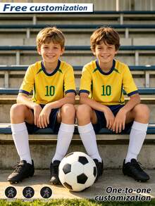 Children's Sports Jersey With Burn-Out Design, Customizable Name Football Uniform Set, #10 Star Player Style, Boys & Girls Short Sleeve & Shorts 2 Pieces Set - Yellow - View 4