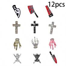 12pcs Halloween Vintage Gothic Nail Art Decorations - 3D Alloy Skull, Skull Head And Cross Design, Rhinestone DIY Nail Decor - Multicolor - View 6