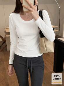 2pcs Women's Solid Color Long Sleeve T-Shirt, Round Neck Slim Fit Base Layer, Black + White Versatile Casual Top - Black + White - View 3