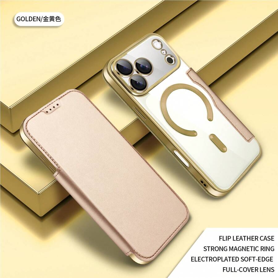 1件 Apple 17 Pro Max 翻蓋全包覆手機殼 A56 磁吸透明保護套，附卡槽防摔皮革殼