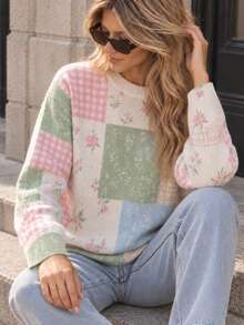 Women Pastel Patchwork Print Knit Sweater, Floral Check Long Sleeve Crew Neck Pullover, Soft Cozy Cottagecore Jumper, Fall Winter Outfit For Women - Off White - View 6