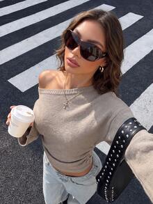 Women's Early Autumn Cold Shoulder Slouchy Fluffy Wide Bell Sleeve Loose Soft Knit Sweater - Brown - View 4