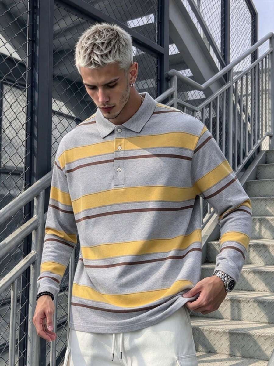 Men's Spring/Autumn Grey & Yellow-Brown Striped Long Sleeve Polo, American Vintage Loose Fit Rugby Casual Shirt