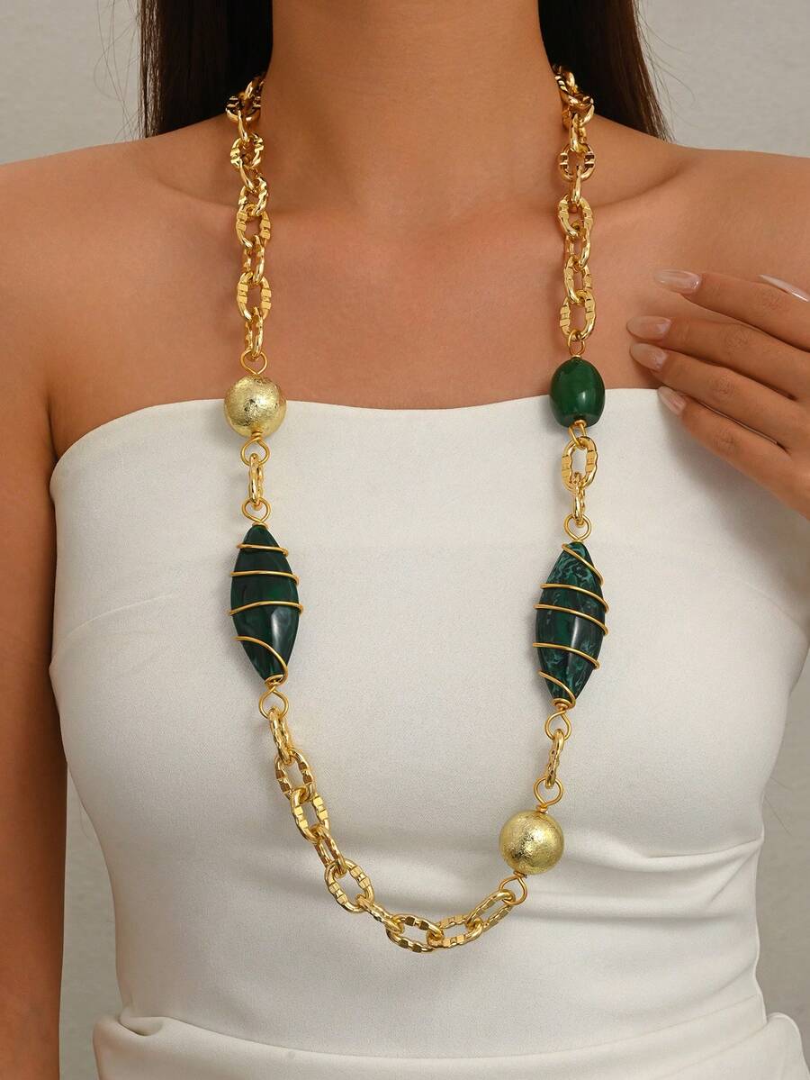 1 buah Kalung Panjang Rantai Logam & Resin Gradien Geometris Asimetris 3D Vintage yang Dipersonalisasi dan Berlebihan, Cocok untuk Pemakaian Sehari-hari Wanita dan Acara Pesta Eksklusif - Hijau - View 1