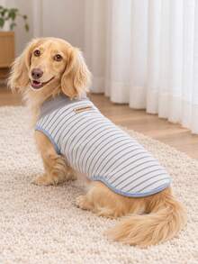 1pc Reversible Mini Dachshund Pet Pajamas, Cute Sausage Dog Cartoon Striped Print, Soft Elastic Warm Pet , Suitable For Mini And Standard Dackel Teckel Dogs - Dusty Blue - View 7