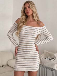Women's Off-Shoulder Horizontal Striped Knit Bodycon Mini Dress, Minimalist Sexy Style Sexy Shoulder-Baring Dress - Apricot - View 1