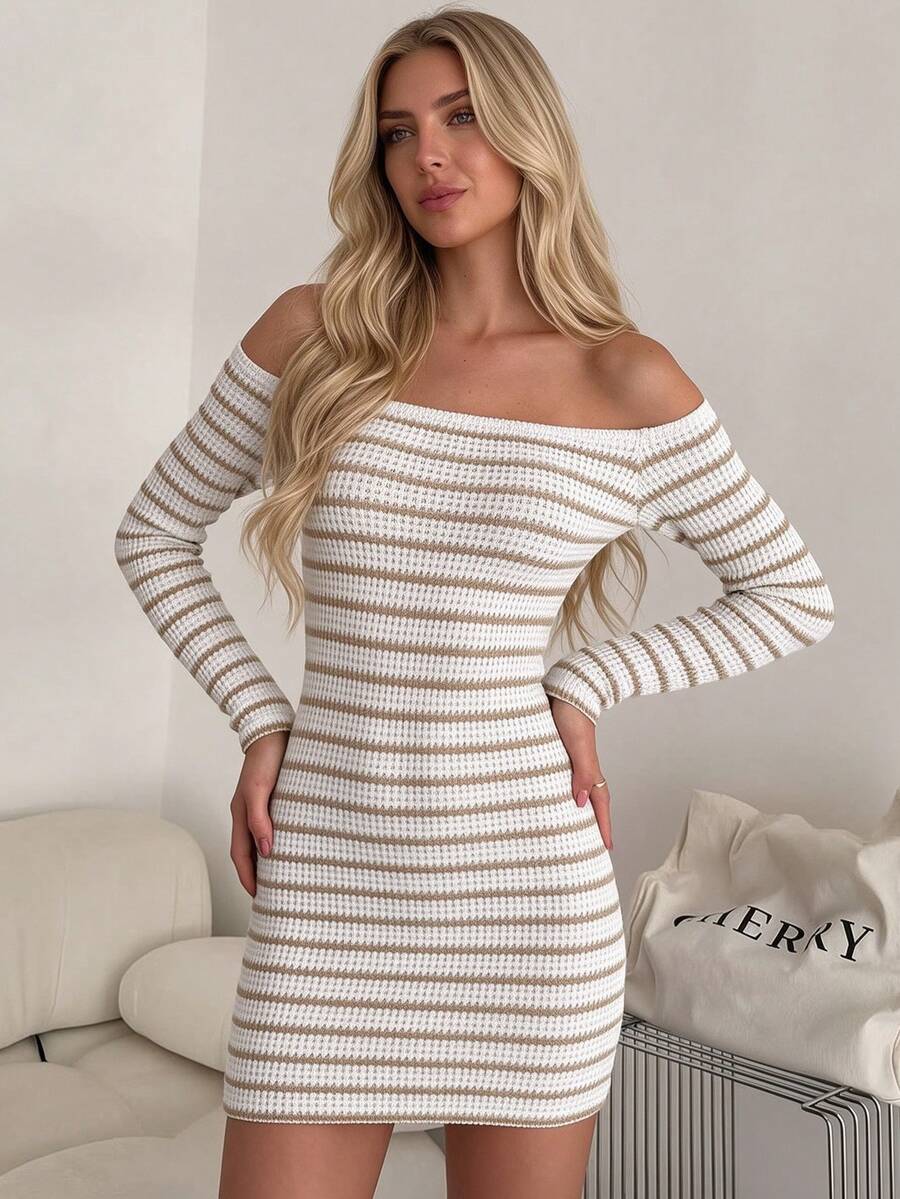 Women's Off-Shoulder Horizontal Striped Knit Bodycon Mini Dress, Minimalist Sexy Style Sexy Shoulder-Baring Dress - Apricot - View 1