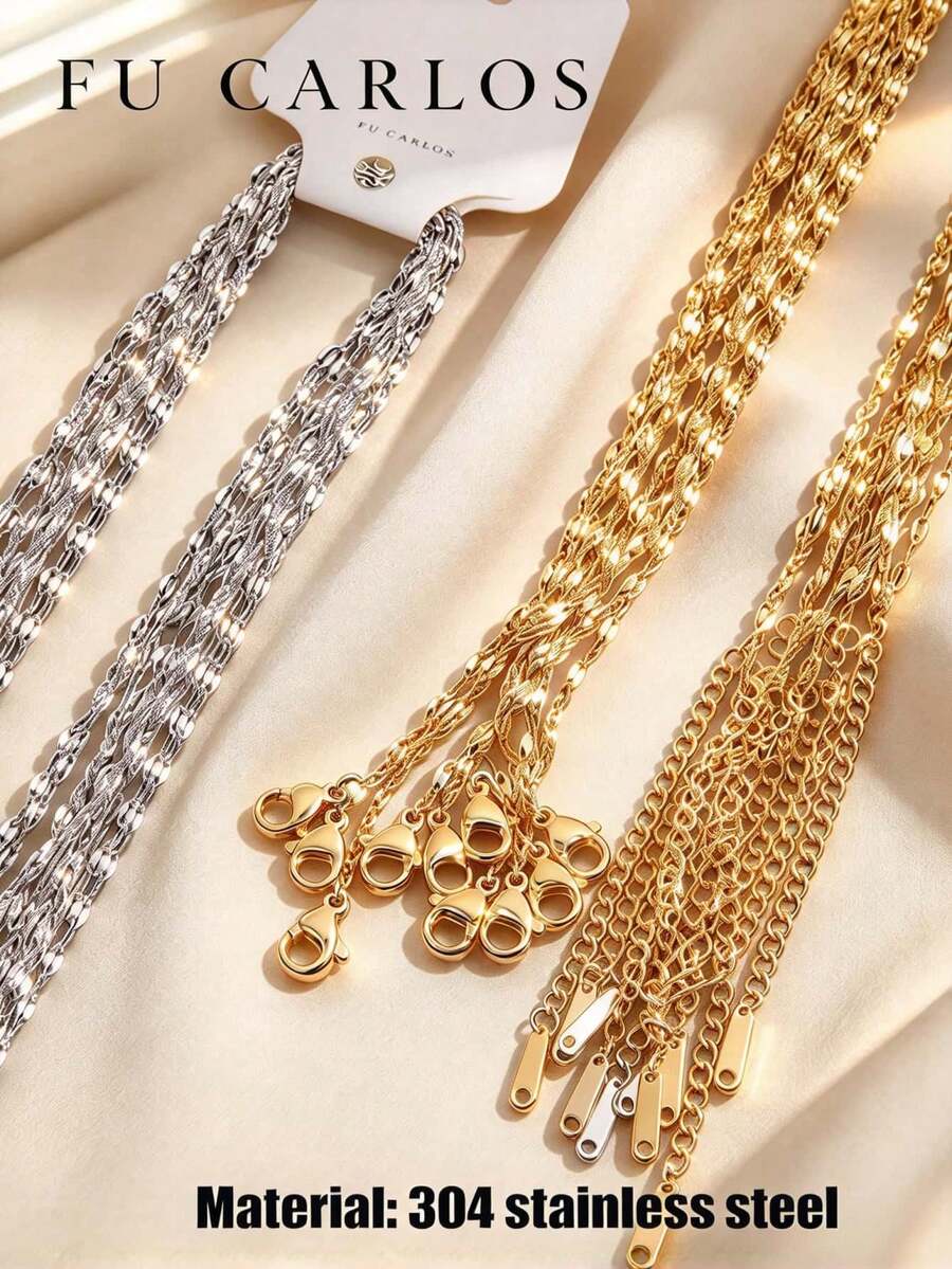 10 Pcs Stainless Steel Lip Chains, Gold And Silver Available, DIY Necklace, Suitable For DIY Jewelry Making, Fashion Choker Accessories - 10Pcs - View 1