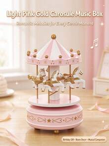 1pc Wooden Music Box With Sky City And Rotating Horse Design, Romantic Birthday Gift And Classic Eight-Tone Home Decor Birthday Gifts Graduation - Star Pink - View 4