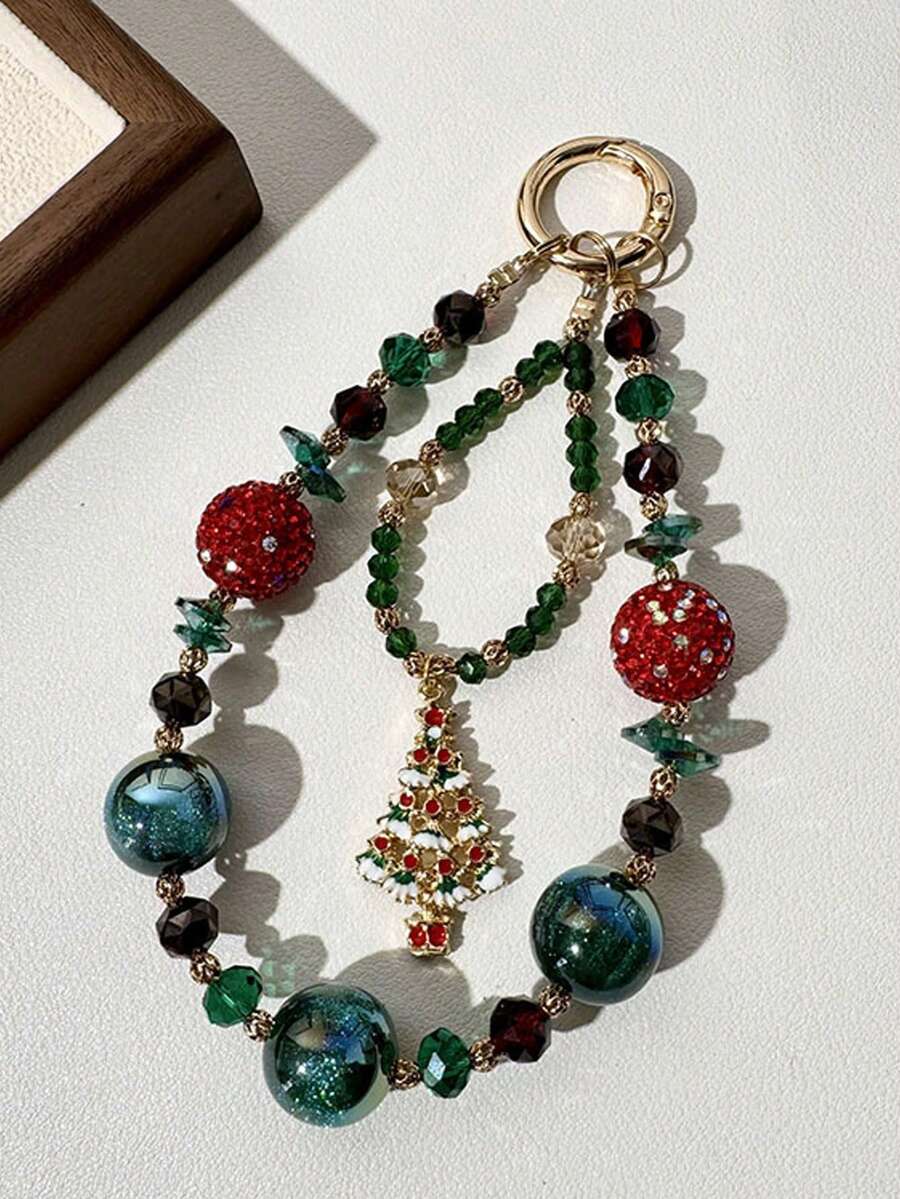 1pc Christmas Contrast Color Beaded Hanging Chain Christmas Tree Phone Charm Bag Pendant - Multicolor - View 1