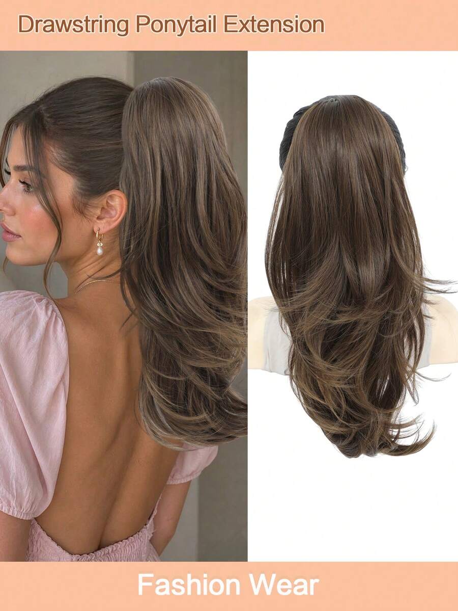20inch Drawstring Ponytail Extensions Clip In Ponytail High Layered Wavy Pony Tail Light Brown Hair Extensions Synthetic Clip In Hairpiece For Women, Halloween - Light Brown - View 1