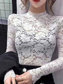 Zille Slim Fit Elastic Sheer Mesh Top, Elastic Stand Collar Long Sleeve Women's Style, Autumn Outfit, Women's Halloween Costume - White - View 11