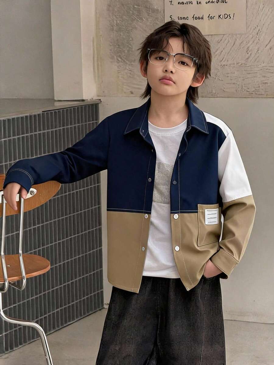Vihyde Tween Boys 3-Tone Patchwork Color Block Lapel Long Sleeve Shirt - Multicolor - View 1