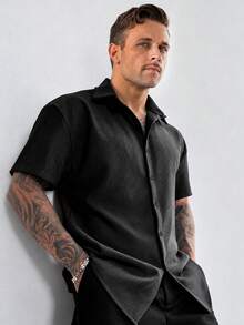 GloMan Old Money Style Men's Textured Solid Color Ribbed Knit Short Sleeve Polo Shirt, Summer Vacation Casual Commute Outfit, Gift For Father Or Husband - Black - View 1