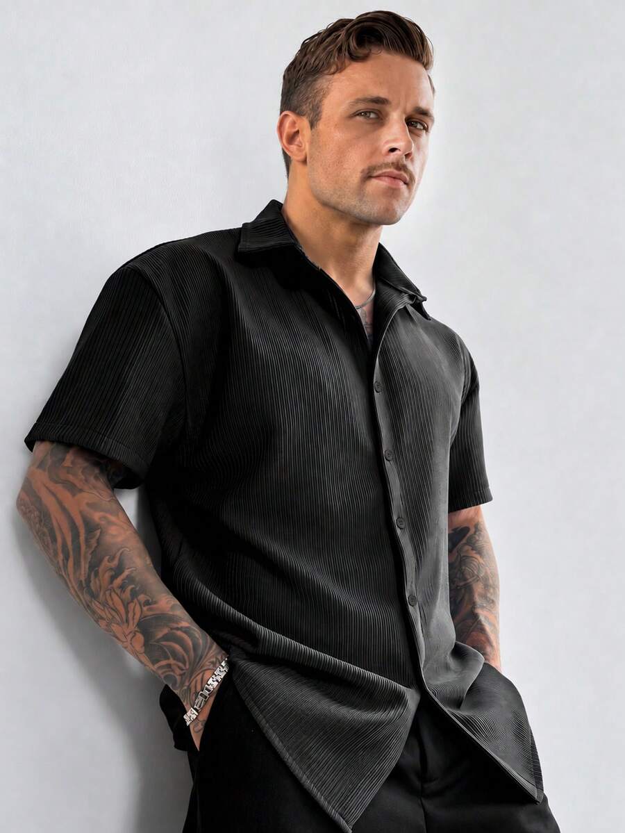 GloMan Old Money Style Men's Textured Solid Color Ribbed Knit Short Sleeve Polo Shirt, Summer Vacation Casual Commute Outfit, Gift For Father Or Husband - Black - View 1