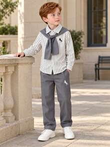 Boys' Spring/Autumn 2 Pieces Set, Pony Print Fine Striped Shawl Collar Long Sleeve Shirt With Matching Print Straight Leg Pants, Suitable For School, Party And Multiple Occasions - Grey - View 1