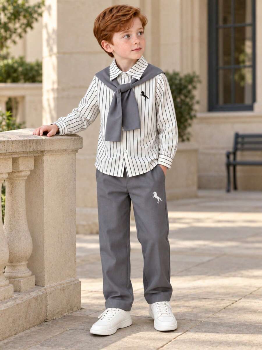 Boys' Spring/Autumn 2 Pieces Set, Pony Print Fine Striped Shawl Collar Long Sleeve Shirt With Matching Print Straight Leg Pants, Suitable For School, Party And Multiple Occasions - Grey - View 1