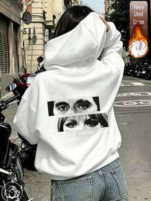 Women's Cotton Hoodie Top With Eye Print, Basic Autumn/Winter Travel Top - White - View 9
