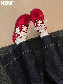 NZNF 女款高級德式平底訓練鞋，秋季新款百搭運動鞋，適合搭配裙裝 - 紅色 - 查看 9