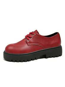 Women's British Style Metal Buckle Thick Sole Loafers, Height-Increasing Chunky Heel Slip-On Matte Leather Shoes - Red - View 3