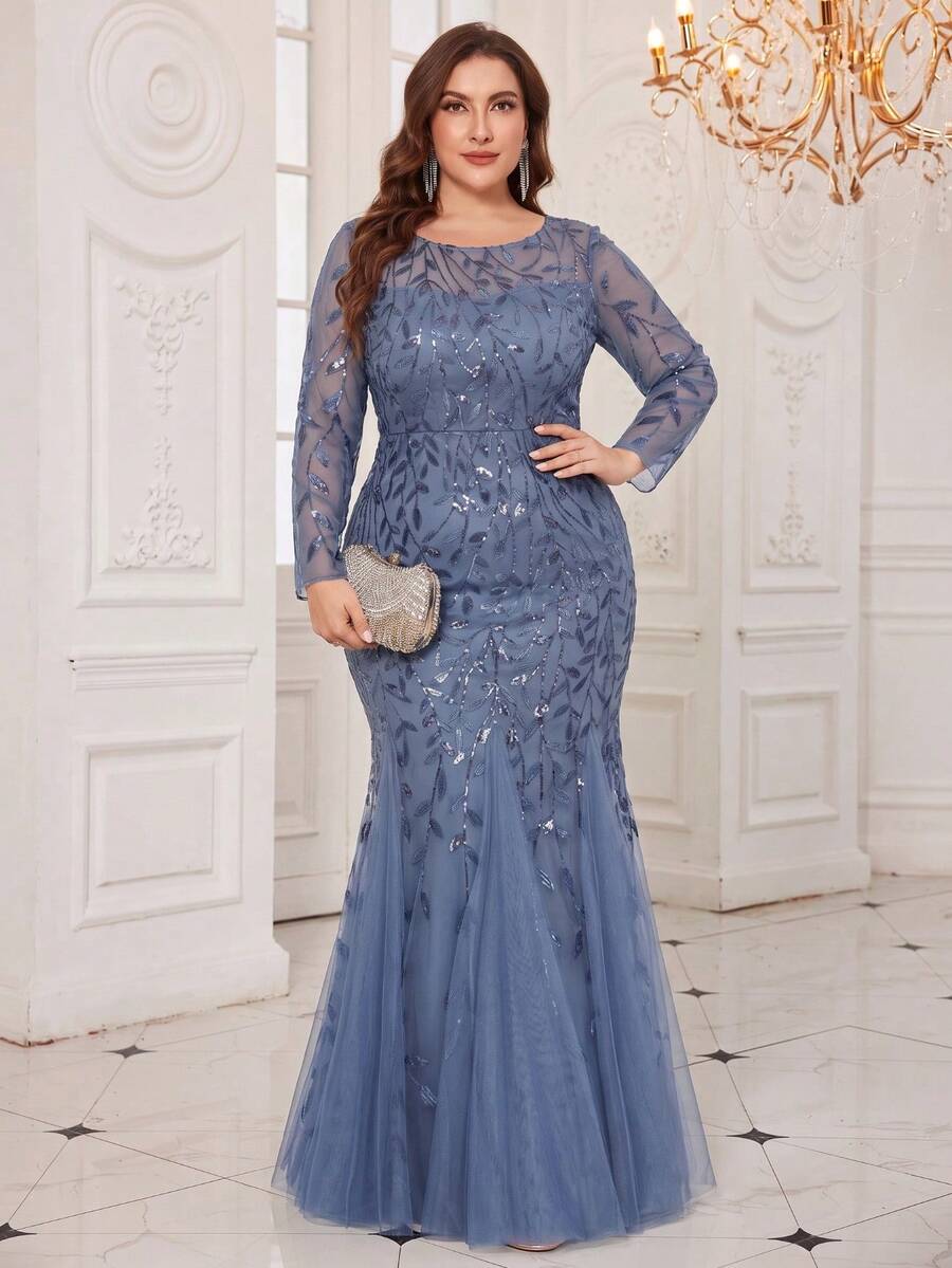 Vestido formal de gala largo con mangas largas, bordado de flores y lentejuelas con diseño de sirena, elegante vestido de invitada de boda adecuado para ceremonias de graduación, galas y fiestas en todas las estaciones, especialmente primavera, talla grande