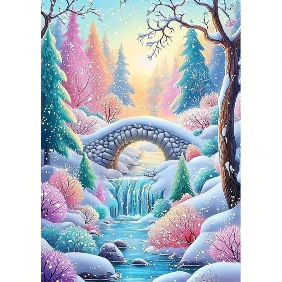 1PC 5D DIY Diamond Painting - Fairy Tale Winter Snow Scene, Round Full Drill Acrylic Artwork, Living Room, Bedroom, Home Decor Handmade Painting, Christmas Gift, Suitable For Beginners, Unframed