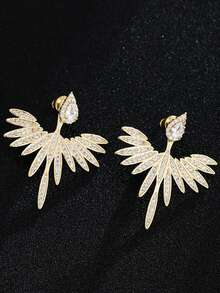 1 Pair Classic Fashion Luxury Angel Wing Zirconia Stud Earrings, Street Style Accessory For Women,Summer,Jewellery,Festival,Classy - Silver - View 8