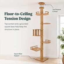 Floor‑To‑Ceiling Solid Wood Cat Tree Tower, Multi‑Level Platforms & Perches, Natural Sisal Scratching Post, Stable Height‑Adjustable Cat Activity Furniture For Indoor Cats - Beige - View 4