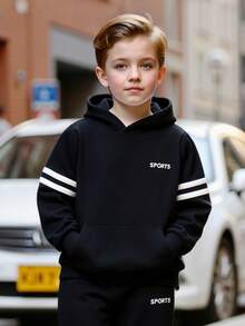 男童/幼儿男童春秋季字母印花长袖卫衣和休闲舒适长裤两件套，简约运动裤，时尚户外套装 - 黑色 - 查看 5