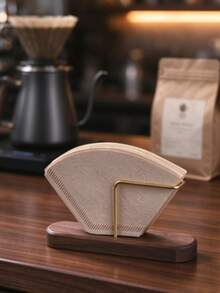 Walnut Brass Coffee Filter Holder, Bohemian Desktop Storage Rack, Pour Over Filter Paper Stand, For Home, Cafe, Camping & Office, Lacquered Walnut Shelf, Desktop Organizer, Christmas Xmas Gift For Coffee Enthusiasts - Multicolor - View 6