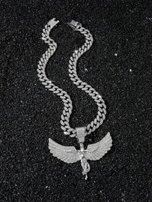 1pc Men's Full Rhinestone Cuban Chain Hip Hop Style Personalized Large Angel Wing Pendant Necklace - Angel Wings - View 7