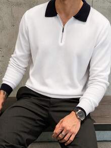 Men's Autumn/Winter Popular Minimalist Solid Color Contrast Collar Long Sleeve Polo Shirt - White - View 3