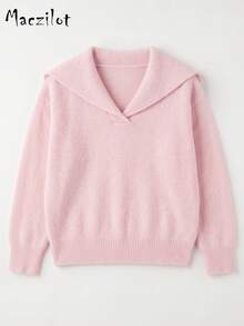 Plus Size Women's Plush Turn-Down Collar Knit Top, Loose Long Sleeve Pullover Sweater, Slim Fit Casual Commute Sweater For Autumn/Winter - Baby Pink - View 6