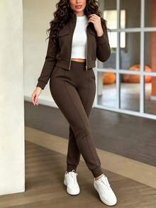 Spring Autumn Winter New Women's 2 Pieces Set, Minimalist Solid Color Versatile Zipper Short Jacket Top With Elastic Waist Pocket Slim Fit Pants - Brown 191 - View 4