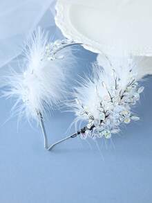 Handmade Delicate Silver White Feather Iridescent Rhinestone Bridal Headband Wedding Hair Accessories Women For Prom Party Pageant Birthday Celebratio - White - View 3